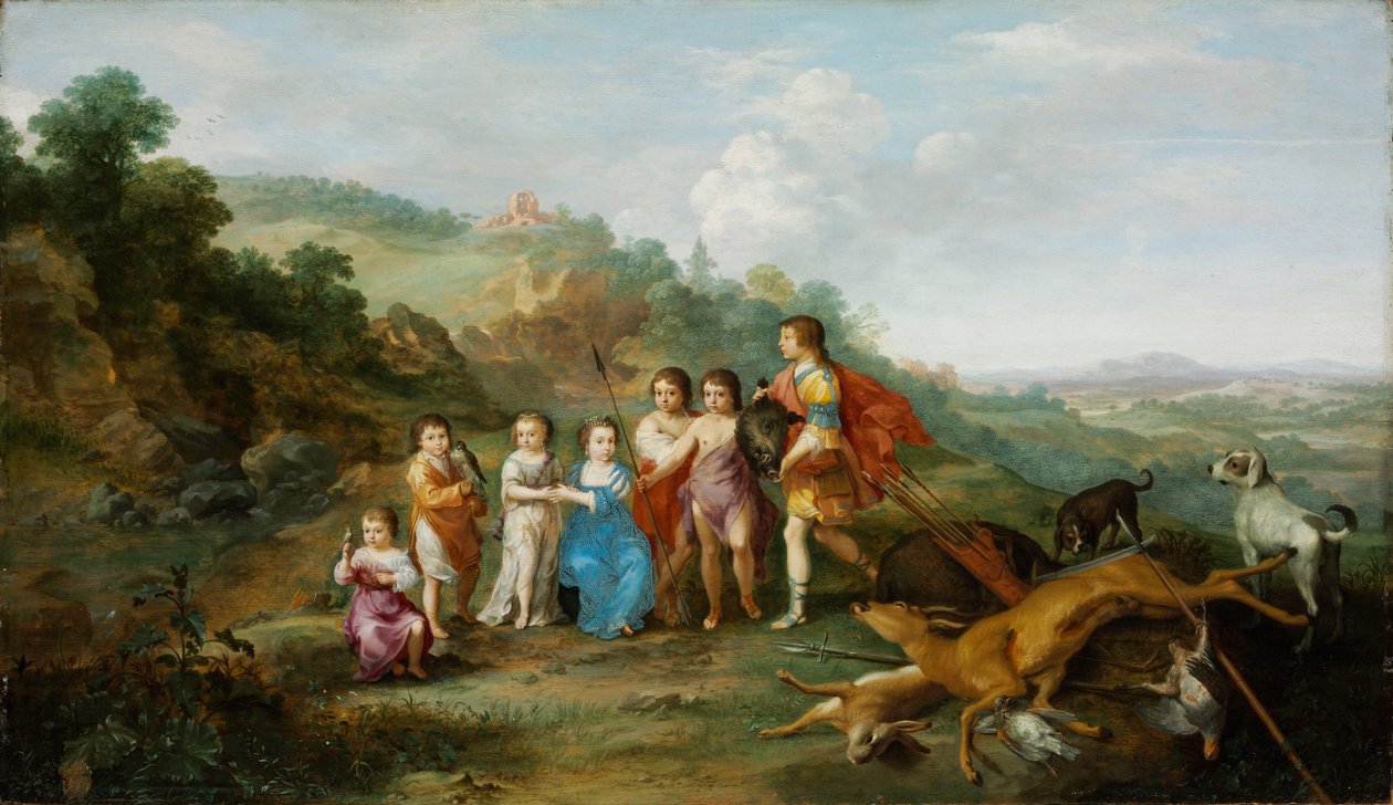 Vinterkongens syv barn - Maleri av Cornelis van Poelenburgh (1594 eller 1595-1667), olje på tre (37,9x65,3 cm) av Cornelis van Poelenburgh or Poelenburch
