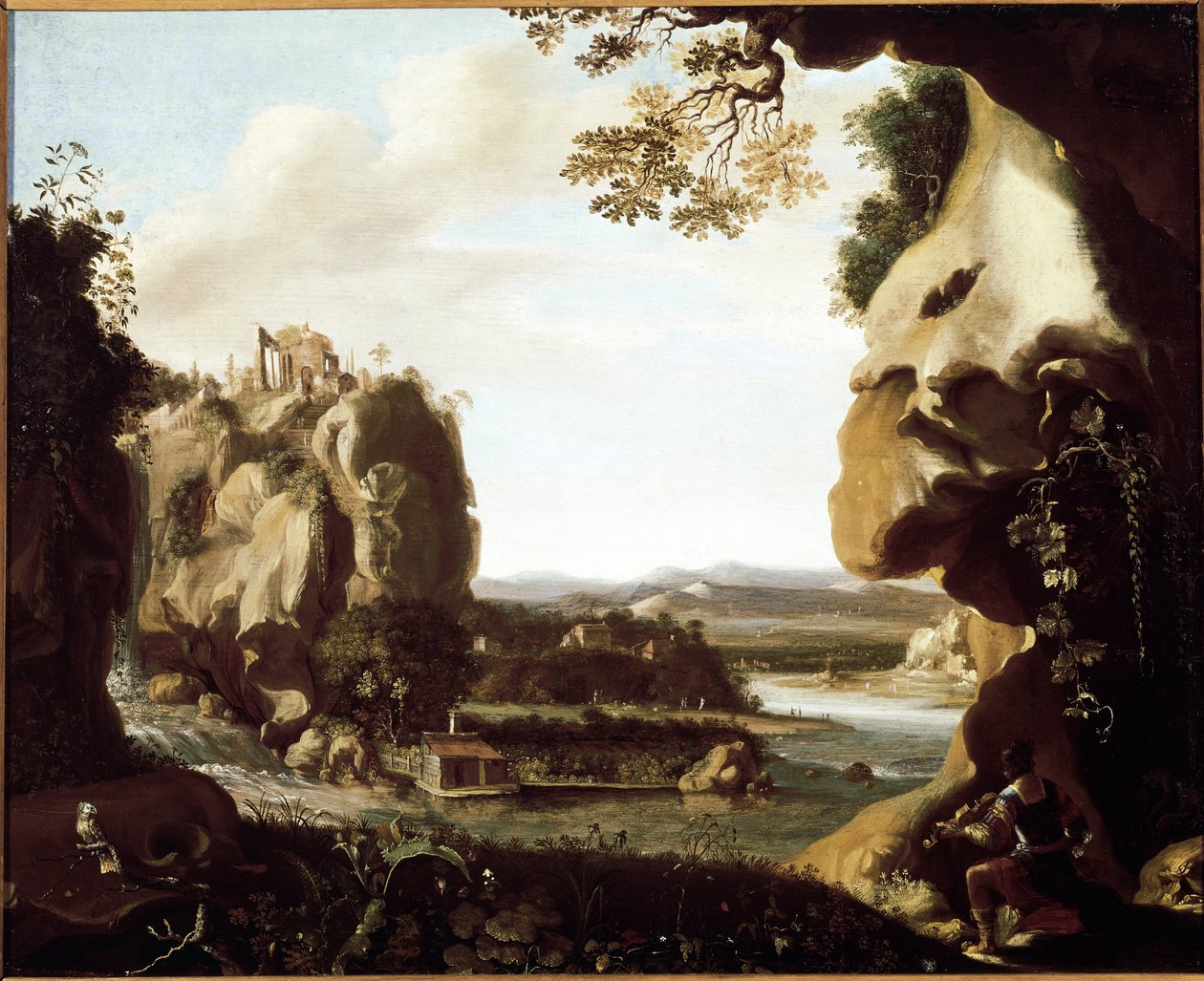 Orphee spiller fiolin ved inngangen til helvete (maleri av Cornelis van Poelenburgh or Poelenburch