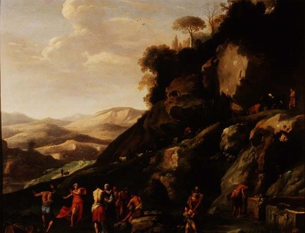 Bønder som danser i et landskap av Cornelis van Poelenburgh or Poelenburch