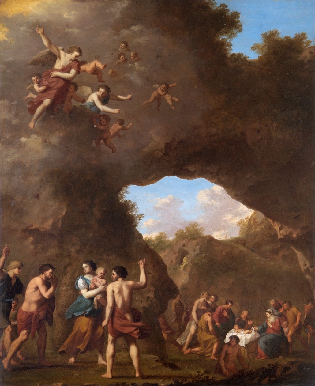 Englene som leder hyrdene til fødselen (olje på kobber) av Cornelis van Poelenburgh or Poelenburch