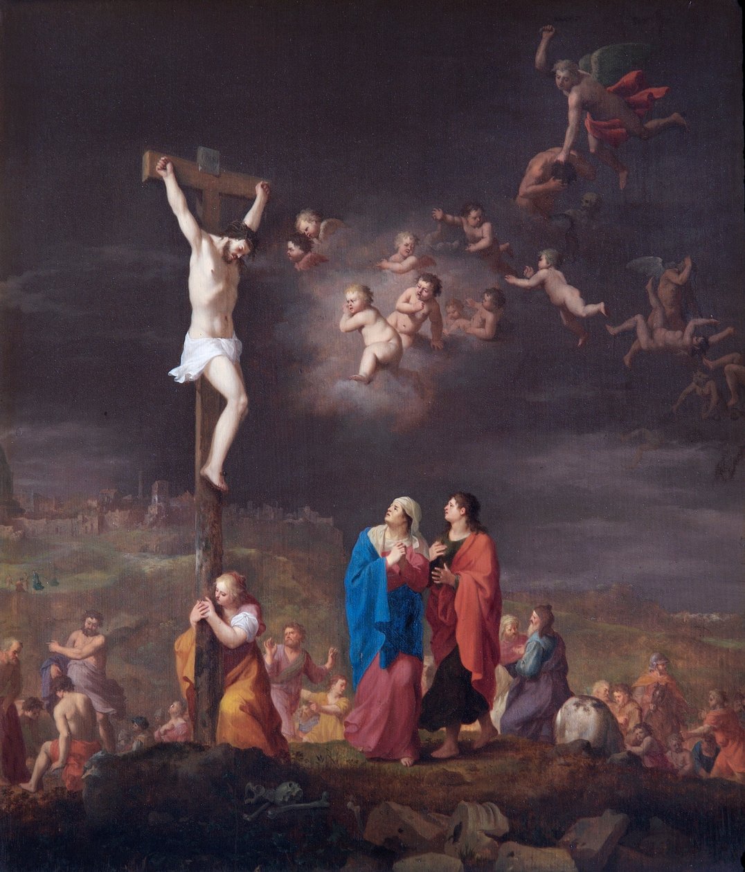 The Crucifixion, With The Fall Of The Rebel Angels (olje på eikepanel) av Cornelis van Poelenburgh or Poelenburch