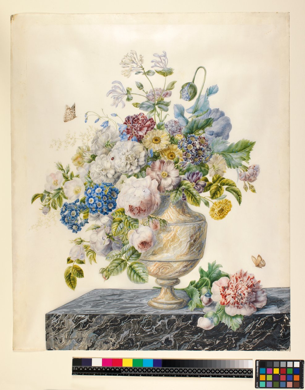 En marmorvase med blandede blomster på en marmorhylle, ca. 1800 av Cornelis van Spaendonck