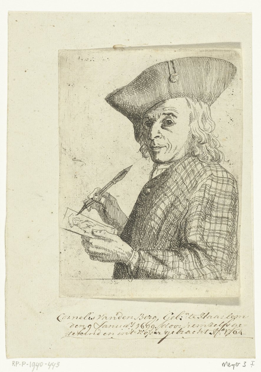 Selvportrett med penn og tegning av Cornelis van den Berg