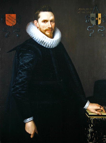 Portrett av Adriaen de Kies van Wiessen, 1616 (se 307902 for par) av Cornelis van der Voort