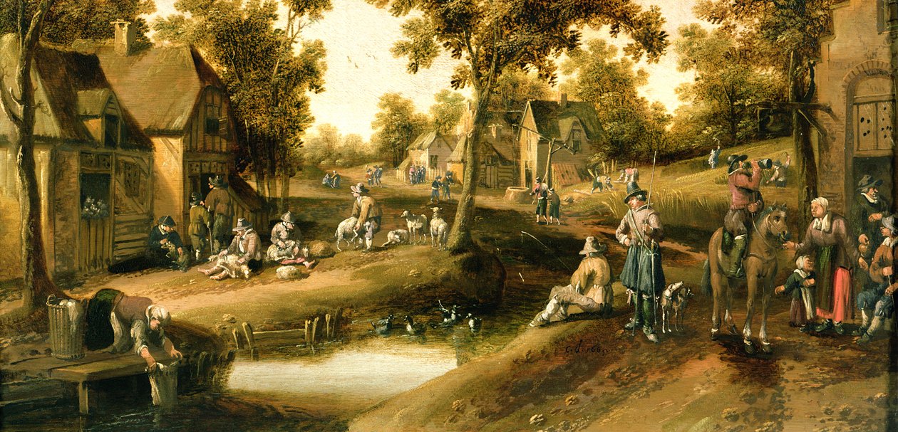 En landsbyscene med bønder på bredden av en bekk av Joost Cornelisz. Droochsloot