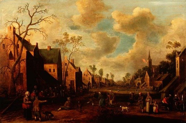 Bønder gleder seg i en landsbygate av Cornelius Droochsloot
