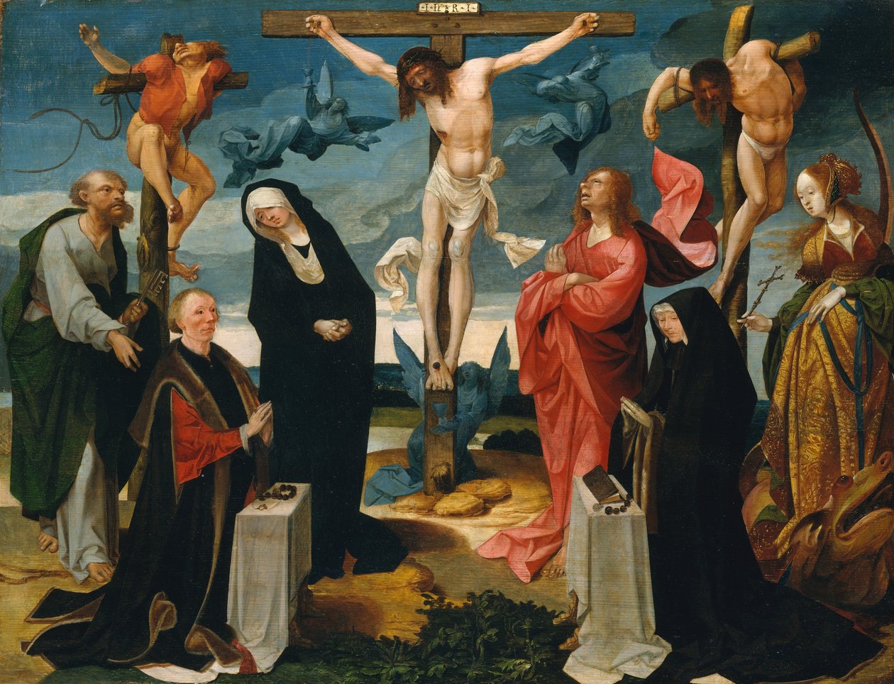 Korsfestelsen med givere og hellige Peter og Margaret, ca. 1525-27. av Cornelius Engebrechtsz