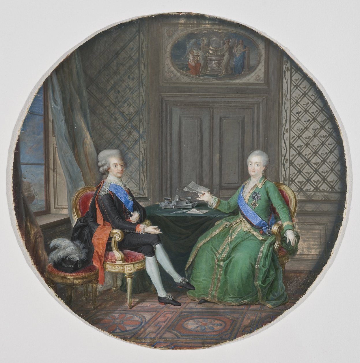 Gustave III de suède (1746-1792) et Catherine II de Russie (1729-1796) a Fredrikshamn (actuelle Hamina, Finlande) - Kong Gustav III av Sverige og Katarina II av Russland i Fredrikshamn, av Hoyer, Cornelius (1741-1804) . Akvarell på pergament av Cornelius Hoyer