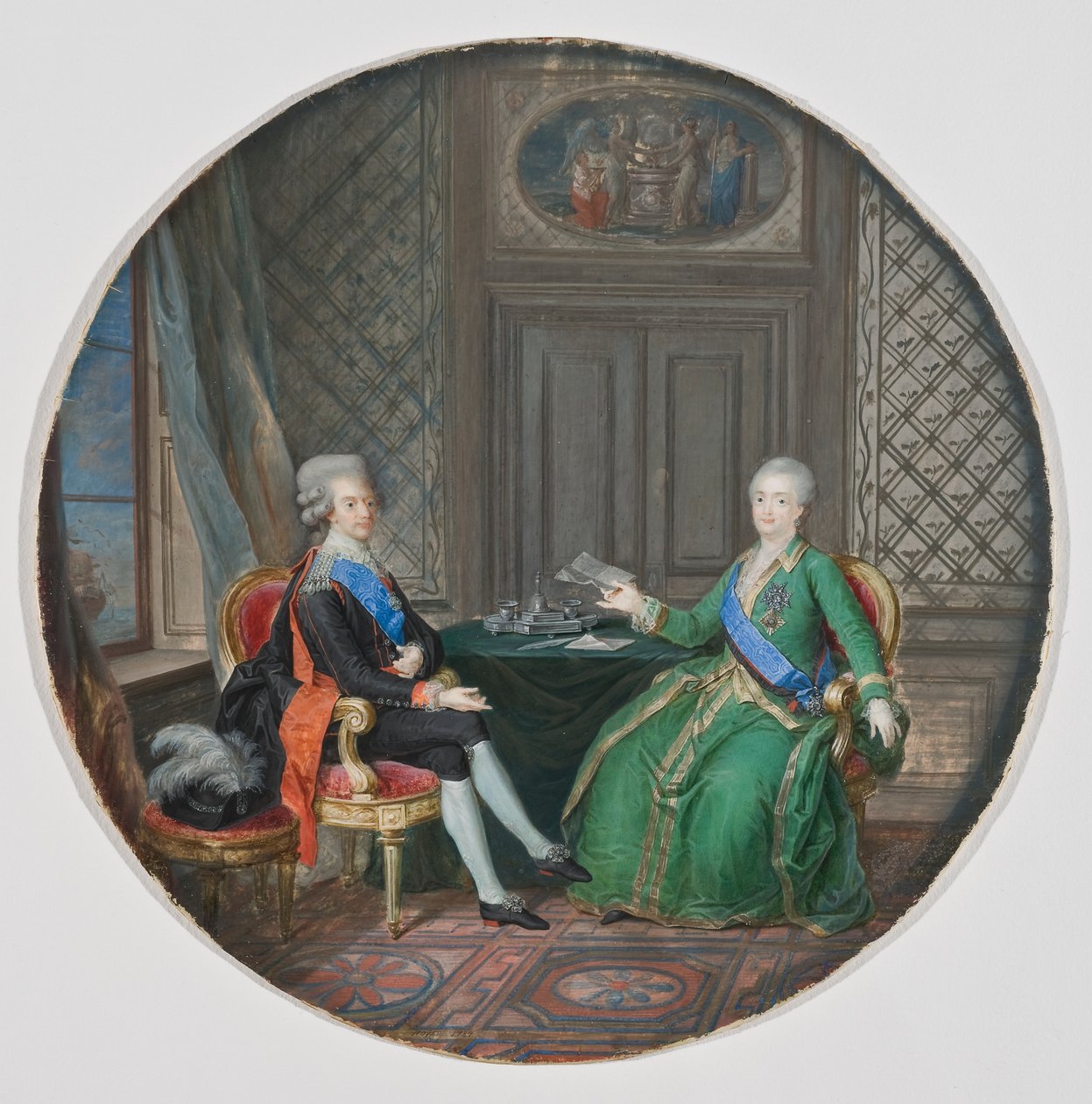 Kong Gustav III og Katarina II av Russland i Fredrikshamn 1783 (akvarell på pergament) av Cornelius Hoyer