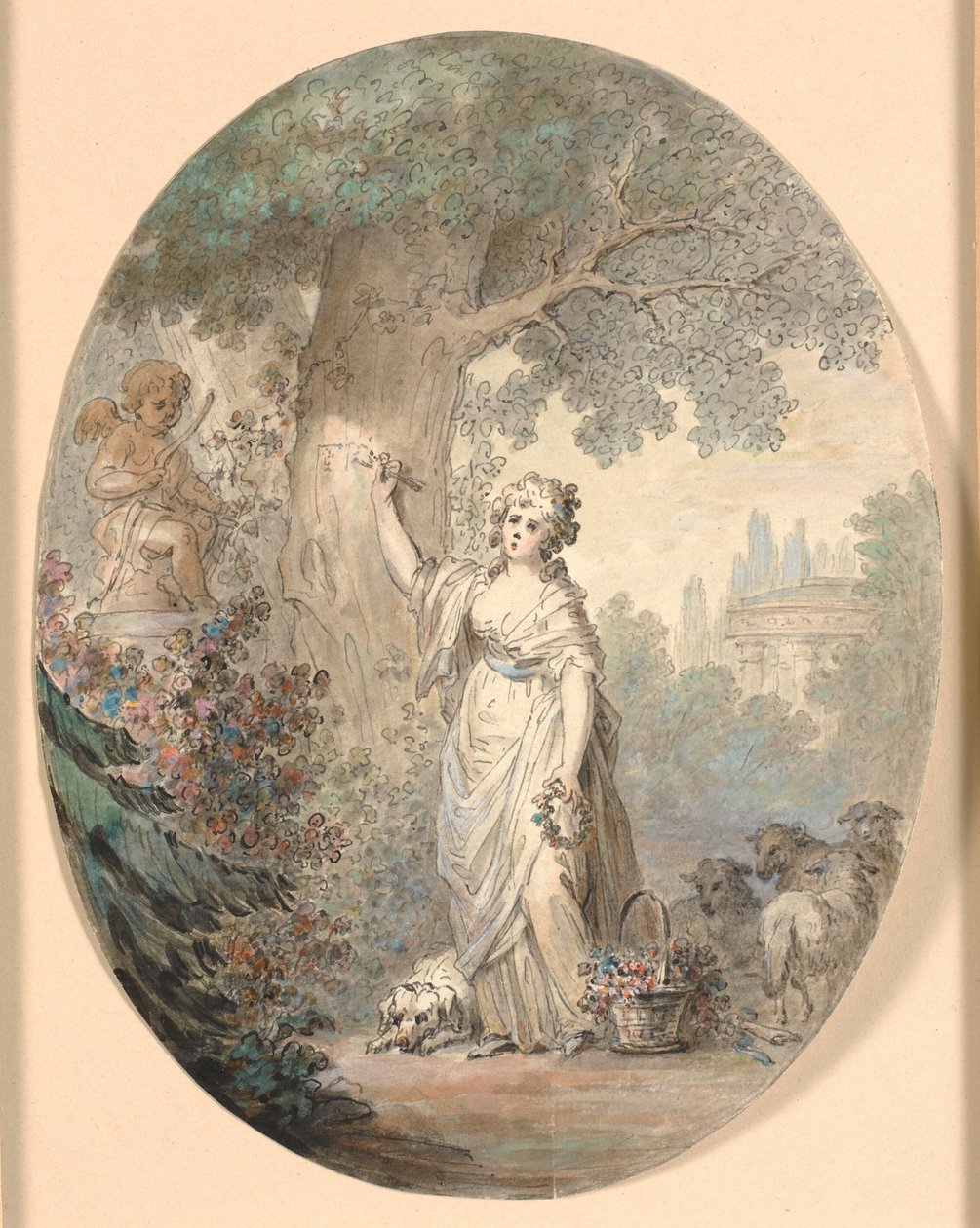 Gjeterinne som skjærer ut et skilt i et tre av Cornelius Høyer