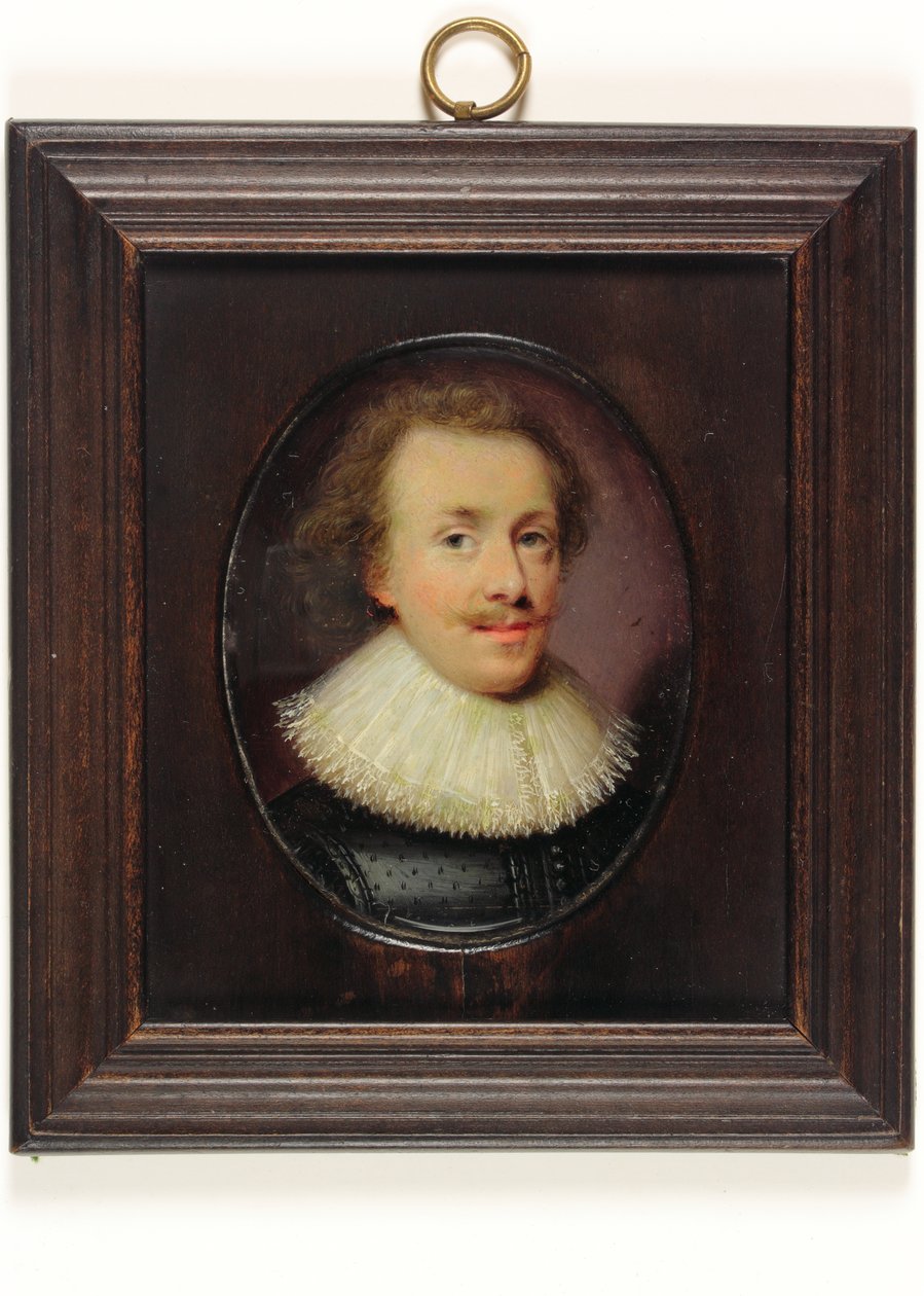 En gentleman, i svart figurert dublett med fallende blondekant (akvarell på vellum) av Cornelius I (attr.to) Johnson