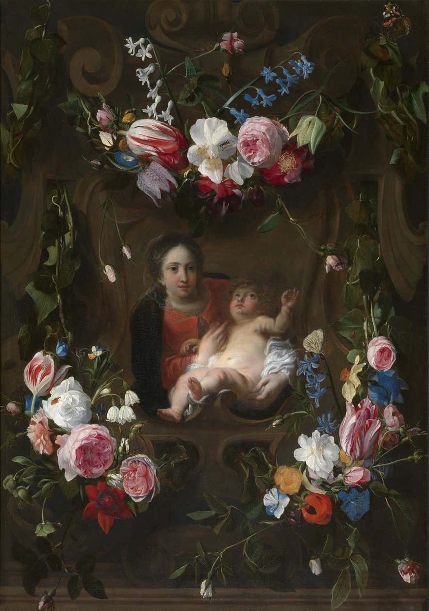 Madonna omgitt av en krans av blomster (olje på panel) av Cornelius I Schut