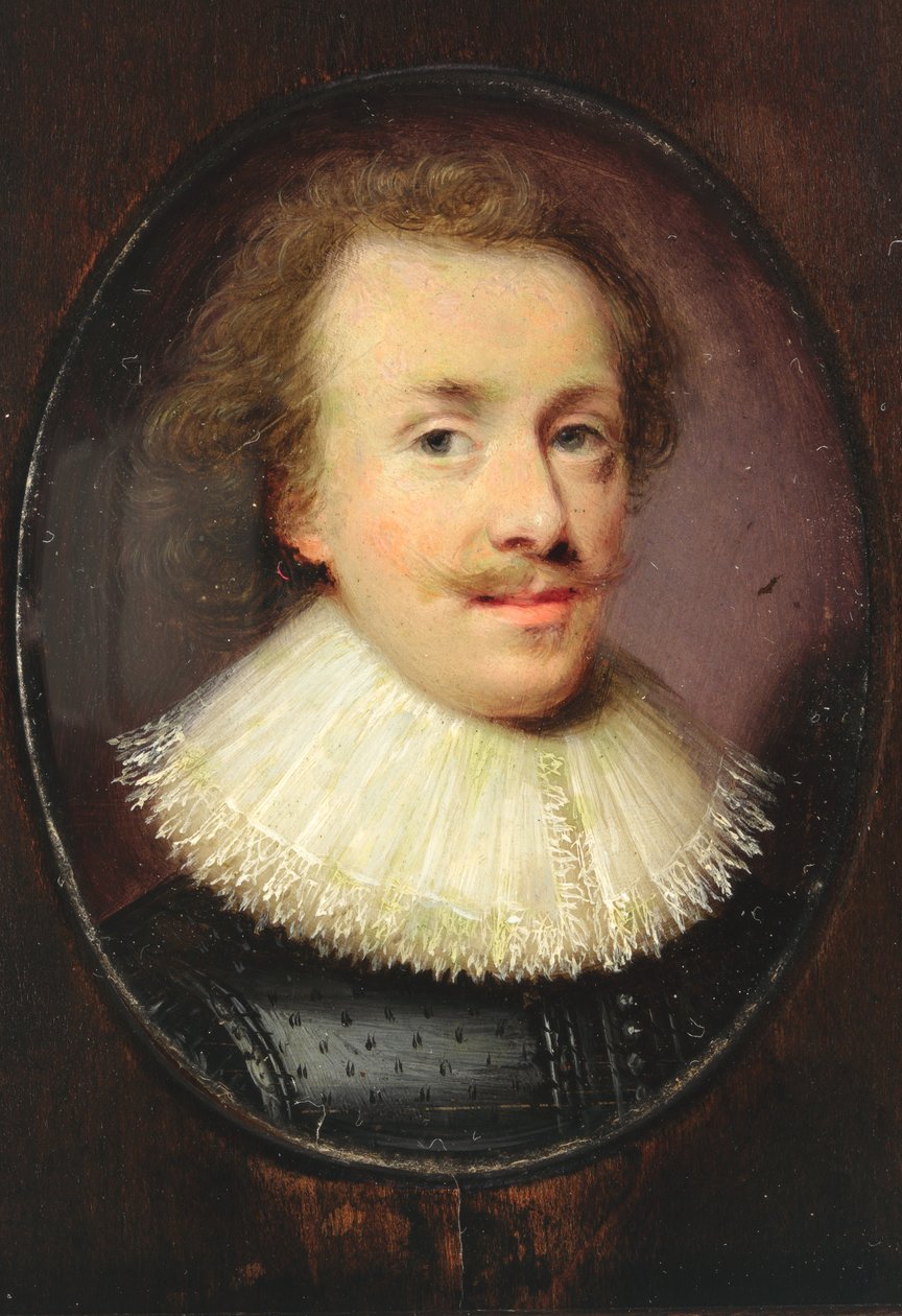 En herre, i svart figurdublet med fallende blondekant (wc på vellum) av Cornelius I attr.to Johnson