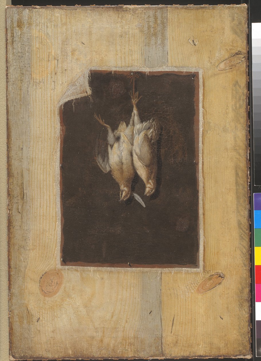 Trompe l'Oeil. Bordskillevegg med et stilleben av to døde fugler hengende på en vegg av Cornelius Norbertus Gijsbrechts