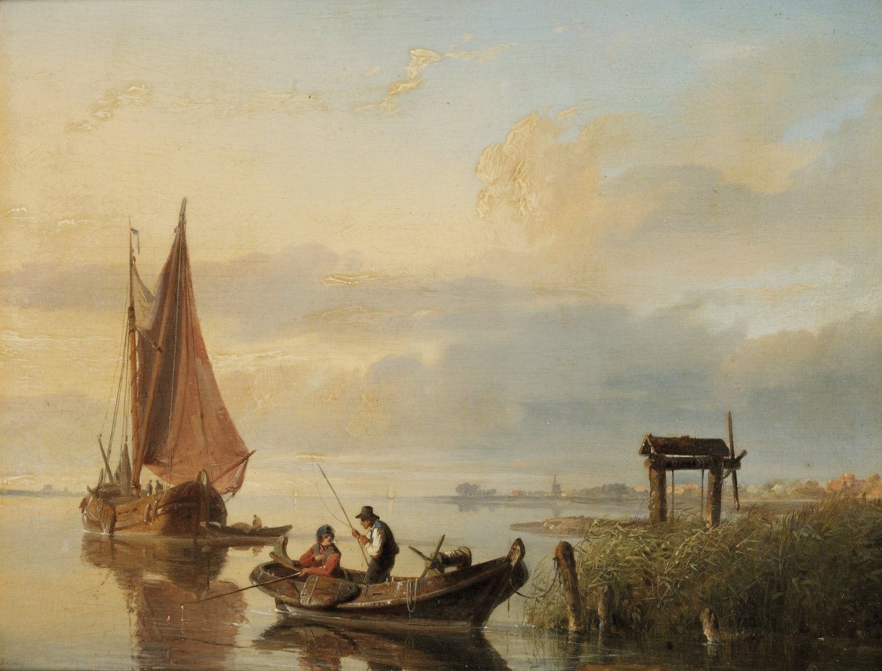 Fiskefartøy ved solnedgang av Cornelis Springer