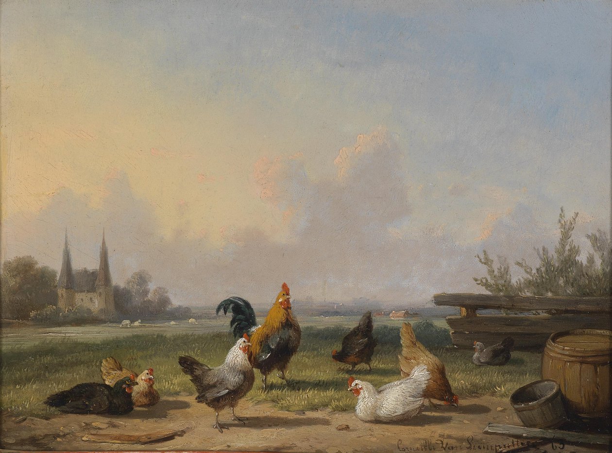 Kyllinger foran et vidt landskap av Cornelius Van Leemputten