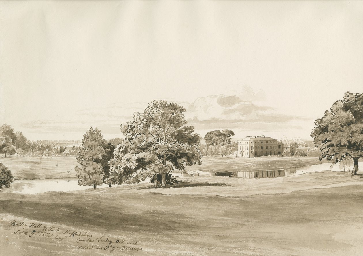 Betley Hall: sepia vasketegning, oktober 1820 av Cornelius Varley