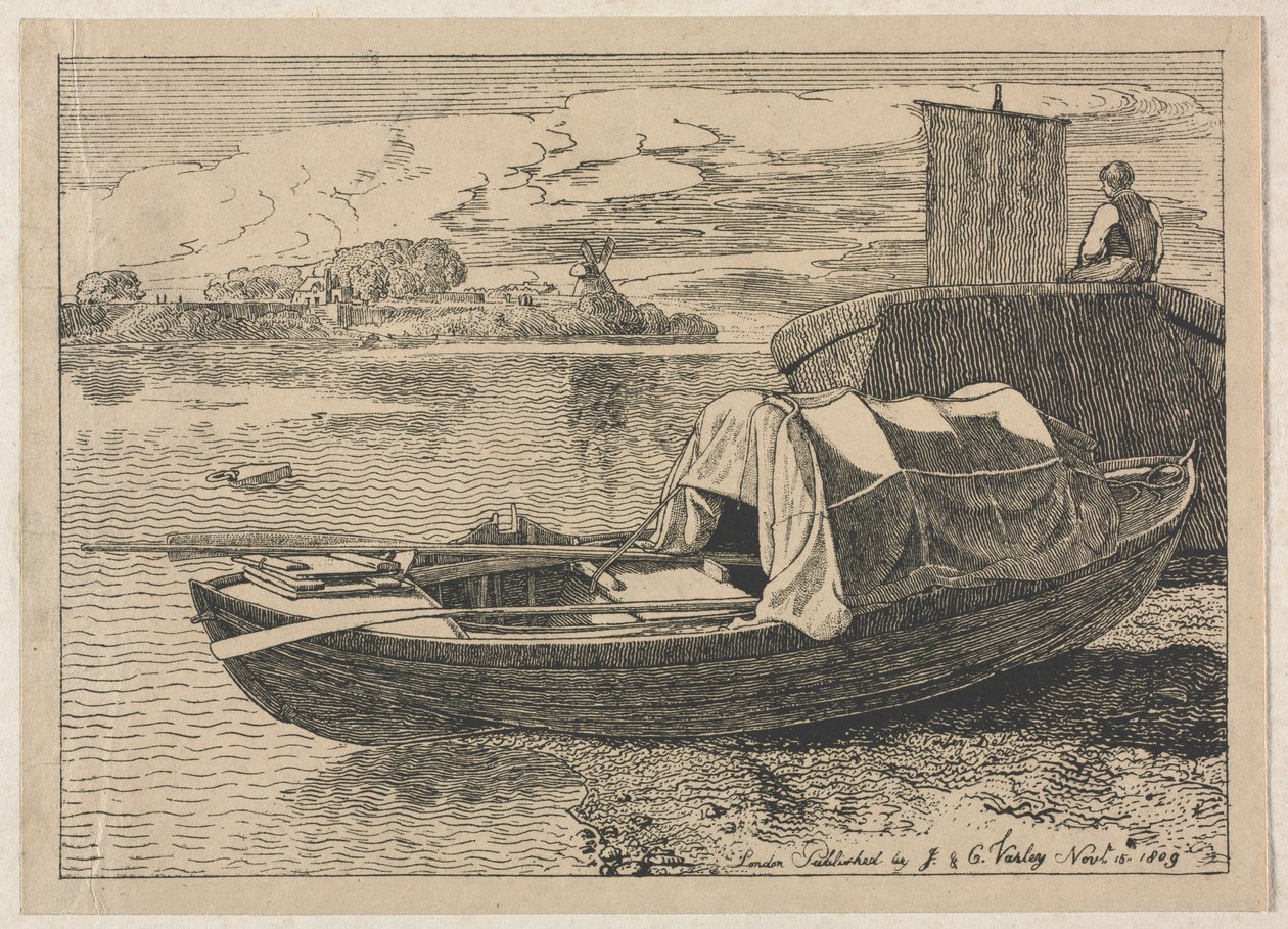 Båter på en elv, vindmølle i avstand, 1809. av Cornelius Varley