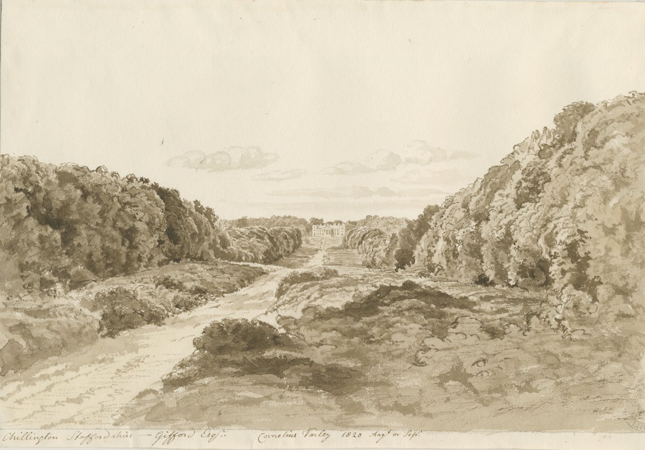 Chillington Hall: sepia-tegning, 1820 av Cornelius Varley