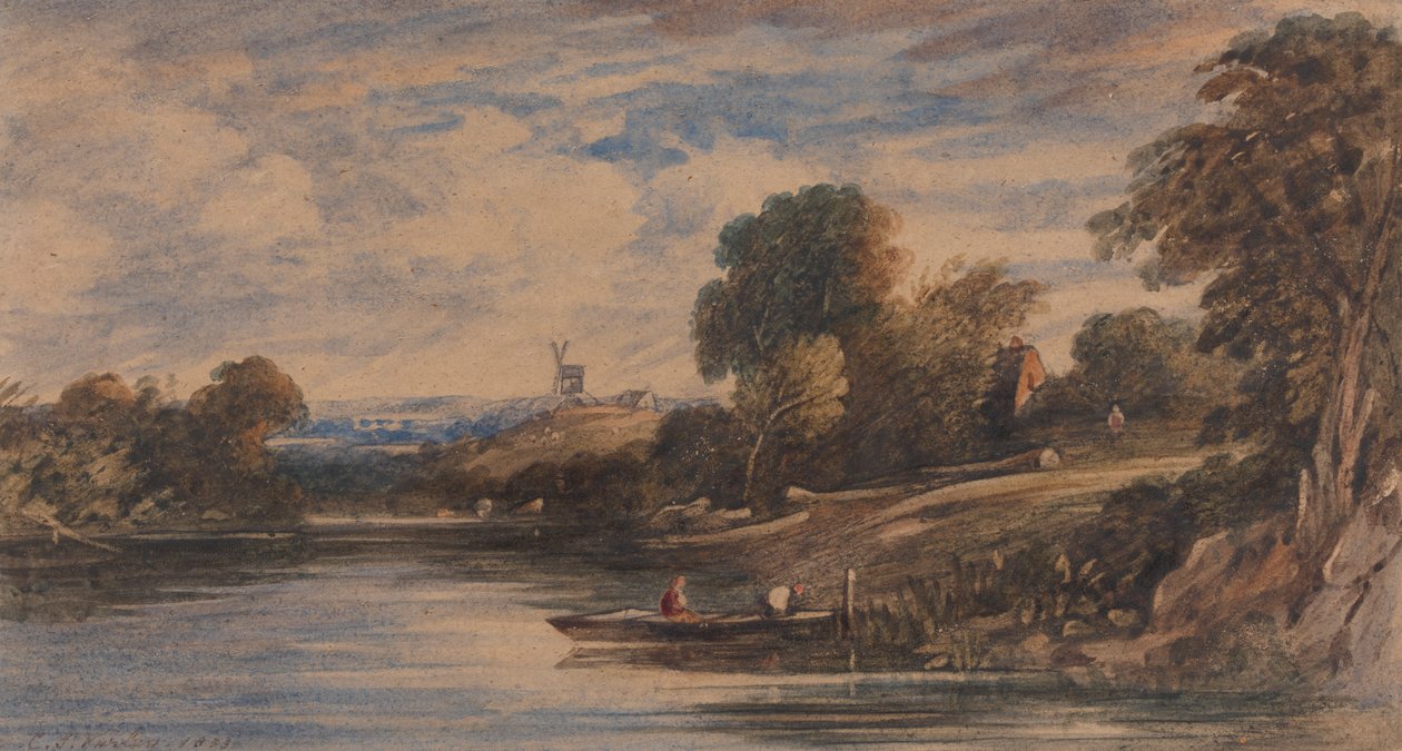 Landskap med vindmølle av Cornelius Varley