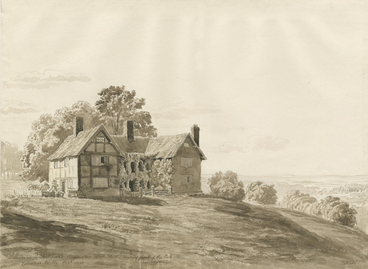 Patshull Park - Lodge: sepia vasketegning, august 1820 av Cornelius Varley