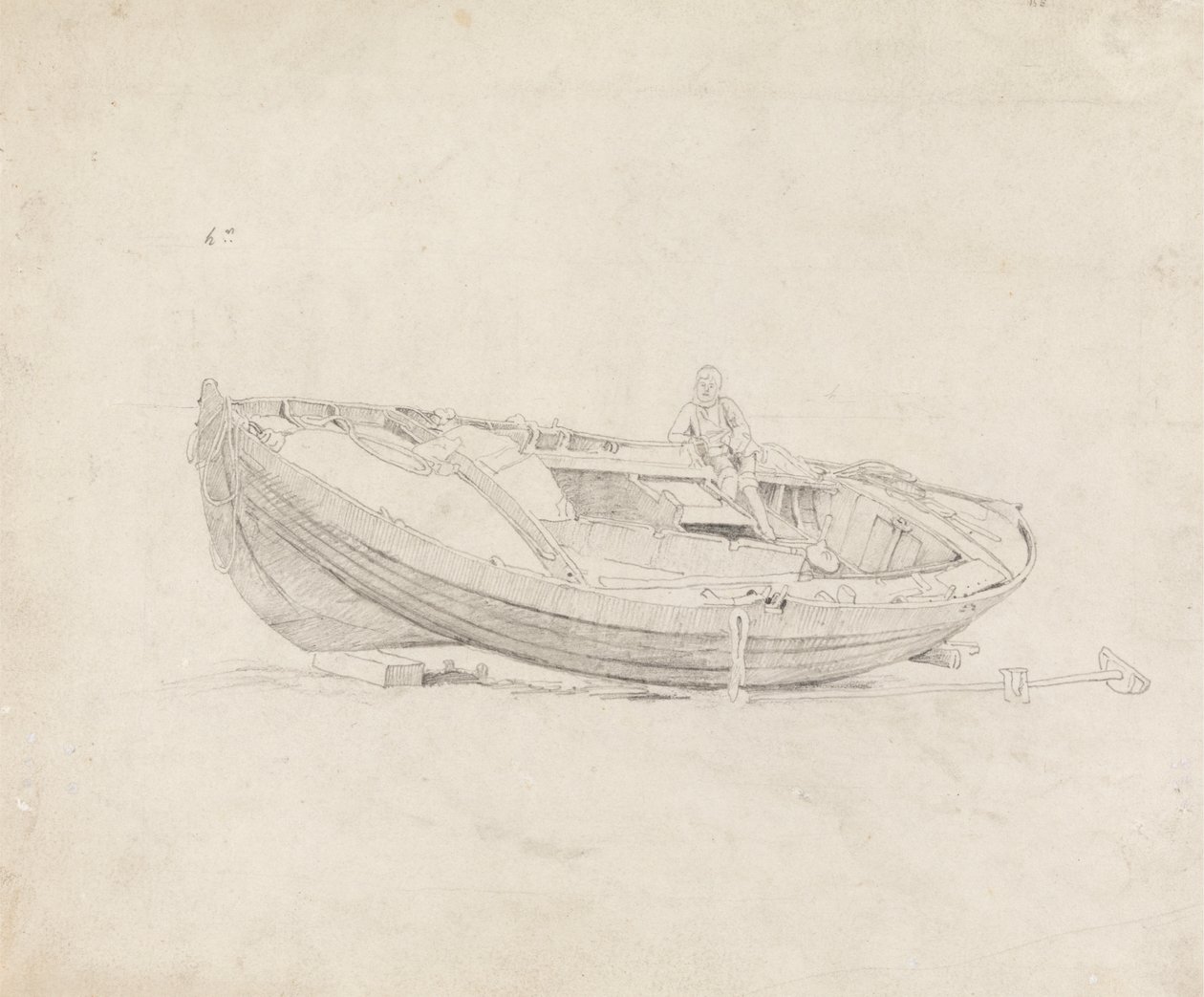 Studie av fortøyd båt med sittende figur av Cornelius Varley