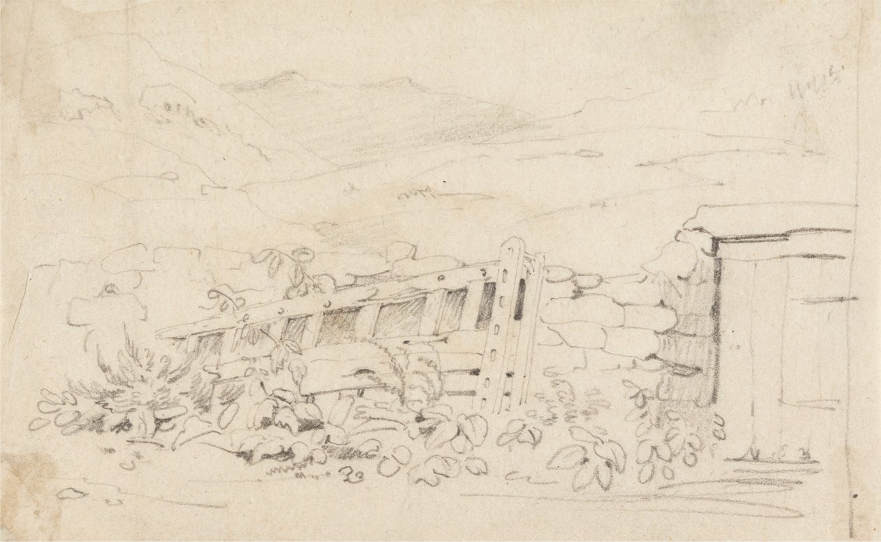 Studie av en steinmur og en port av Cornelius Varley