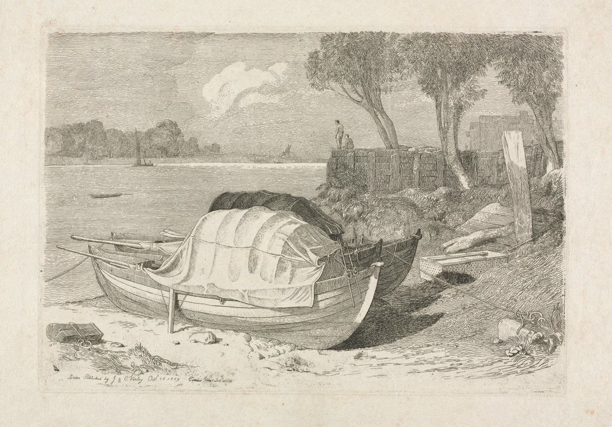 To strandede fiskebåter, 1809. av Cornelius Varley