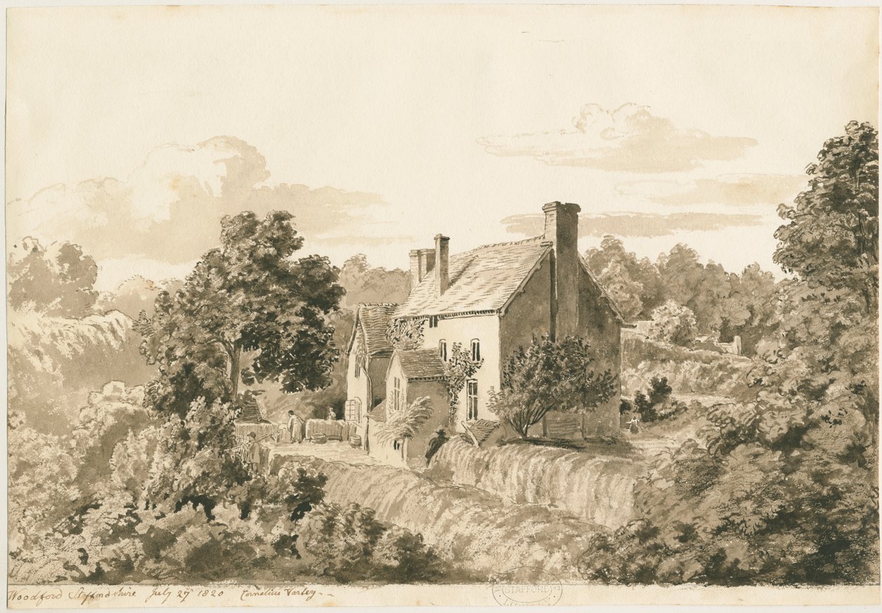 Woodford - Cottages: sepia-tegning, 27. juli 1820 av Cornelius Varley