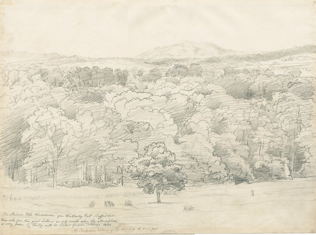 Wrottesley Hall - View of Malvern Hills: blyanttegning, 1820 av Cornelius Varley