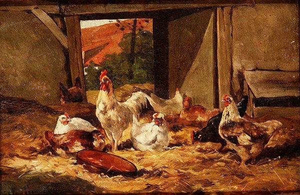 Kyllinger i en låve (en av et par) av Cornelius van Leeputten