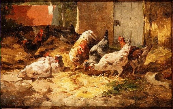 Kyllinger i en låve (en av et par) av Cornelius van Leeputten