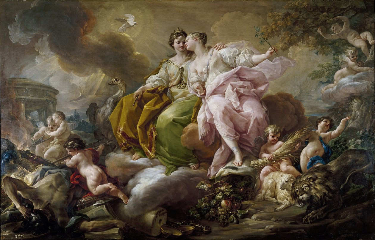 Rettferdighet og fred - Maleri av Corrado Giaquinto (1703-1766) - ca. 1754 - Olje på lerret - 216x325 cm - Rokokkostunst - Museo del Prado, Madrid av Corrado Giacquinto