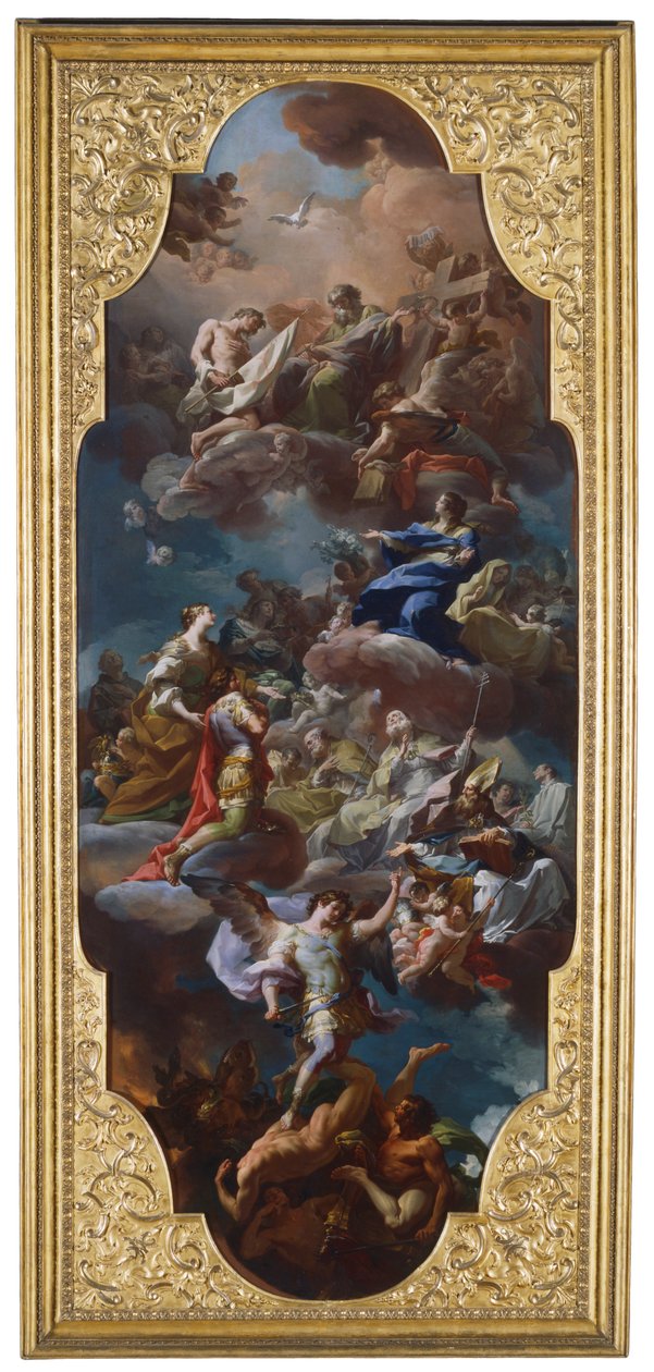 St. Helena og keiser Konstantin presentert for den hellige treenighet av Jomfru Maria av Corrado Giaquinto