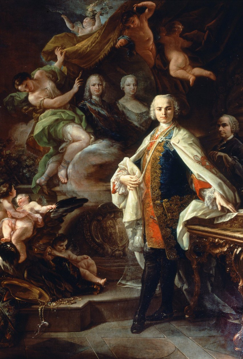 Den italienske kastreringen Carlo Farinelli (Carlo Broschi, dit; 1705 - 1782), ved hoffet til Filip II av Spania, iført den hvite frakken av Calatrava-ordenen. Maleri av Corrado Giaquinto (1703-1766), Civic Museum of Bibliographic Music, Bologna. av Corrado Giaquinto