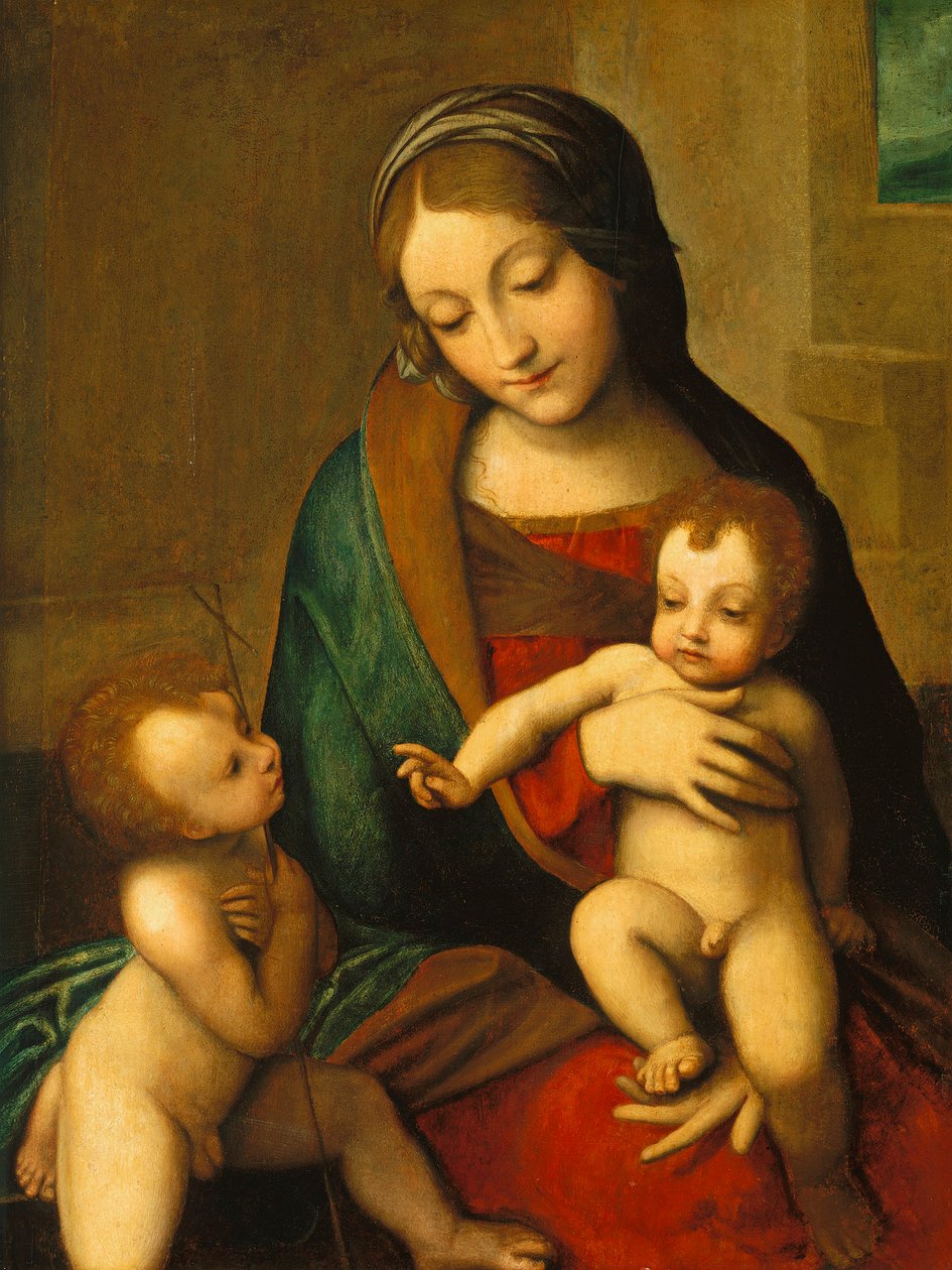 Madonna og barn med spedbarnet Saint John, ca. 1510 av Antonio da Correggio