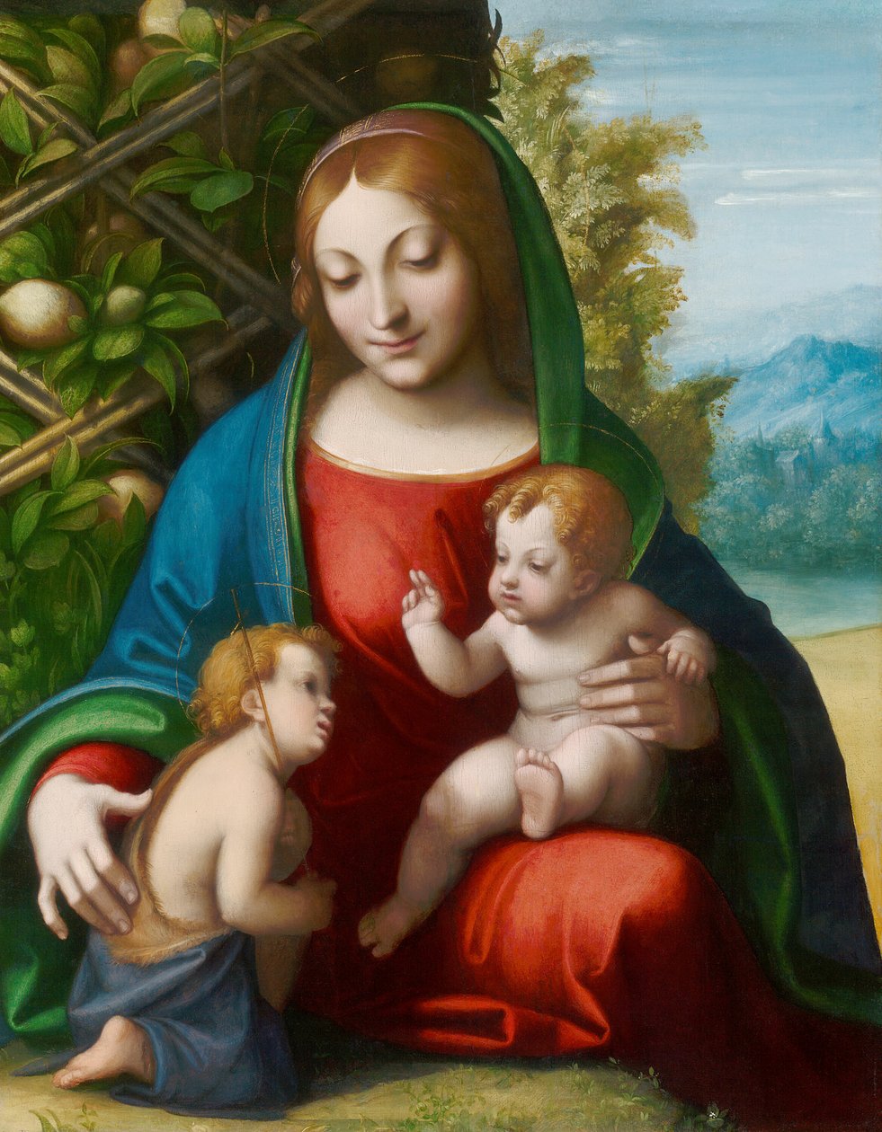 Jomfru og barn med den unge døperen Johannes, ca. 1515 av Correggio