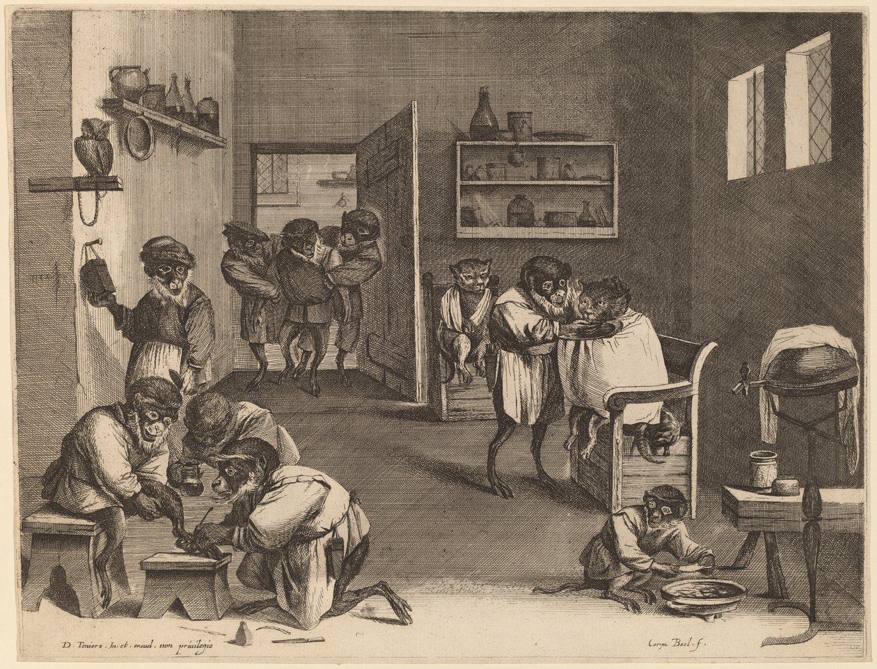 Apenes frisørsalong av Coryn Boel after David Teniers the Younger