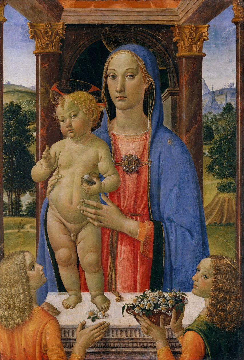 Madonna og barn med engler, ca. 1480-2 (tempera og gull på tre) av Cosimo Rosselli