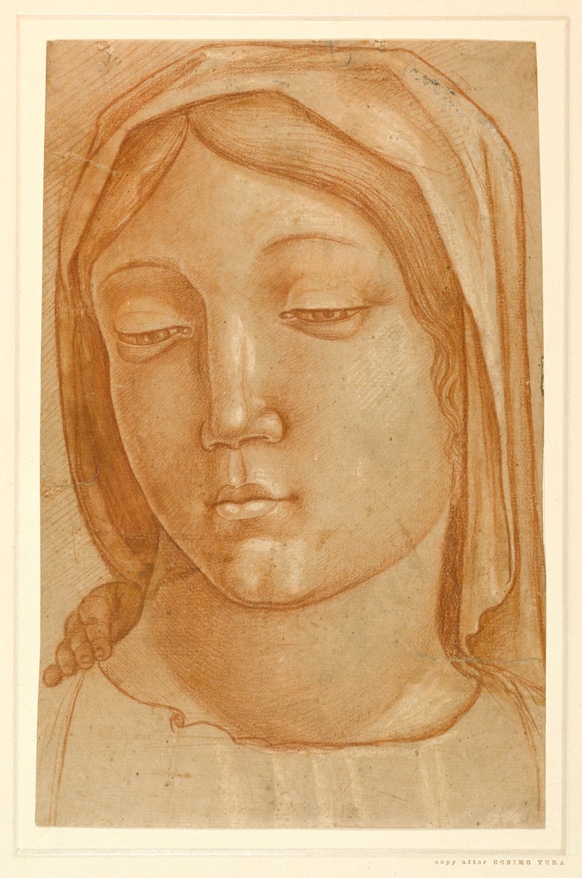 Jomfruens hode, med fingrene til en barnehånd på høyre skulder (rødt kritt på papir) av Cosimo (after) Tura
