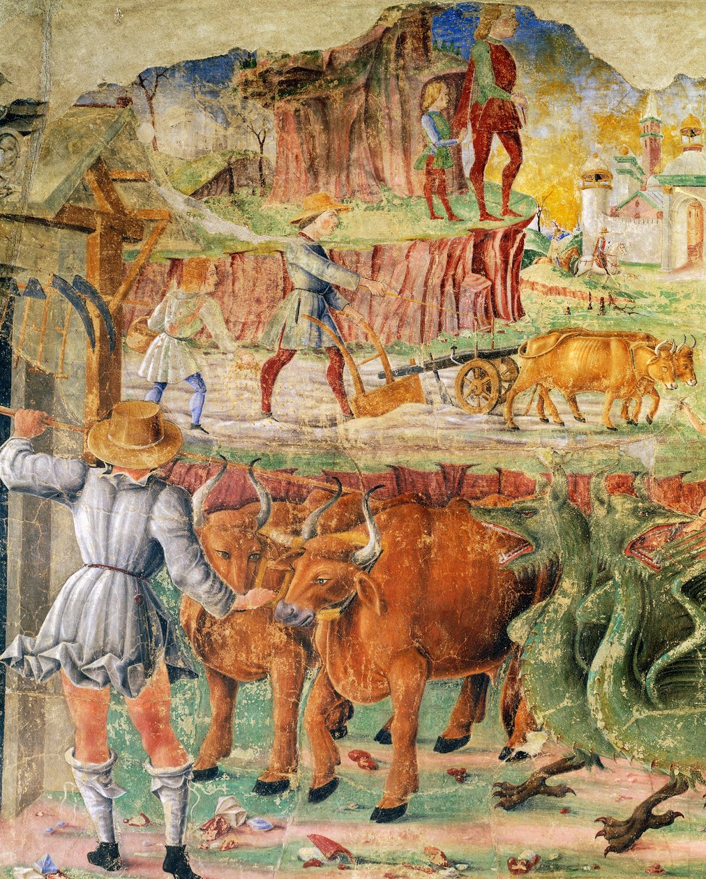 Landbruksbilde, detalj fra Triumph of Ceres, scene fra august måned, ca 1470, tilskrevet Cosimo Tura, og mester i Ercole, freskomaleri, nordvegg, Månedens hall, Palazzo Schifanoia (gledens palass), Ferrara, Emilia- Romagna. Italia av Cosimo (attr. to) Tura