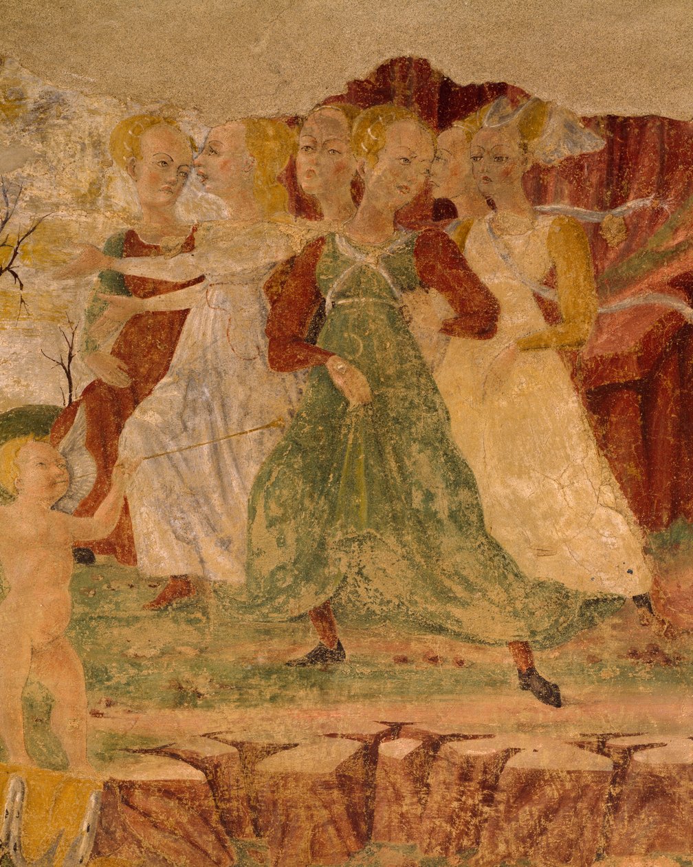 Desperasjon av tjenestepiker av Proserpine, detalj fra Triumph of Ceres, scene fra august måned, tilskrevet Cosimo Tura og Master of Ercole, freskomaleri, nordvegg, Hall of Months, Palazzo Schifanoia (Gledens palass), Ferrara, Italia, rundt 1470 av Cosimo (attr. to) Tura