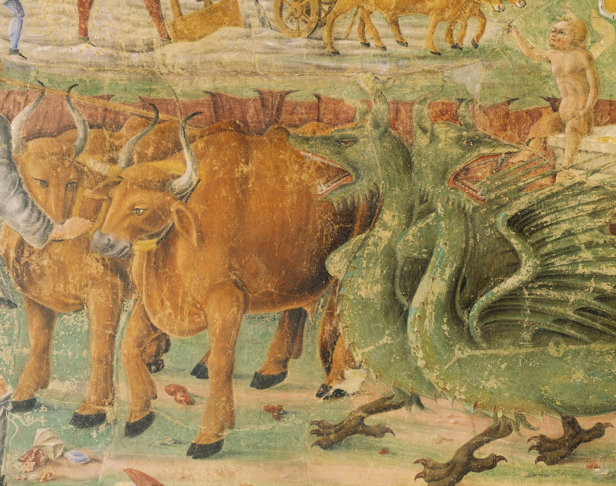 Drager og bilder av livet på landsbygda, detaljer fra Triumph of Ceres, scene fra august måned, tilskrevet Cosimo Tura (ca. 1430-1495) og Master of Ercole, freskomaleri, nordvegg, Hall of Months, Palazzo Schifanoia (Gledes palass) , Ferrara, Italia, rundt  av Cosimo (attr. to) Tura