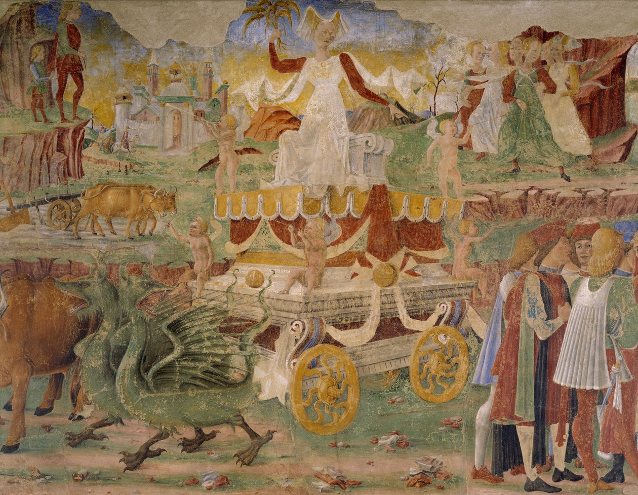 Triumph of Ceres, scene from Month of August, attributed to Cosimo Tura (circa 1430-1495) and Master of Ercole, fresco, north wall, Hall of Months, Palazzo Schifanoia (Palace of Joy), Ferrara, Detail, Italy, circa 1470   1414063   no       norwegian Succes av Cosimo (attr. to) Tura