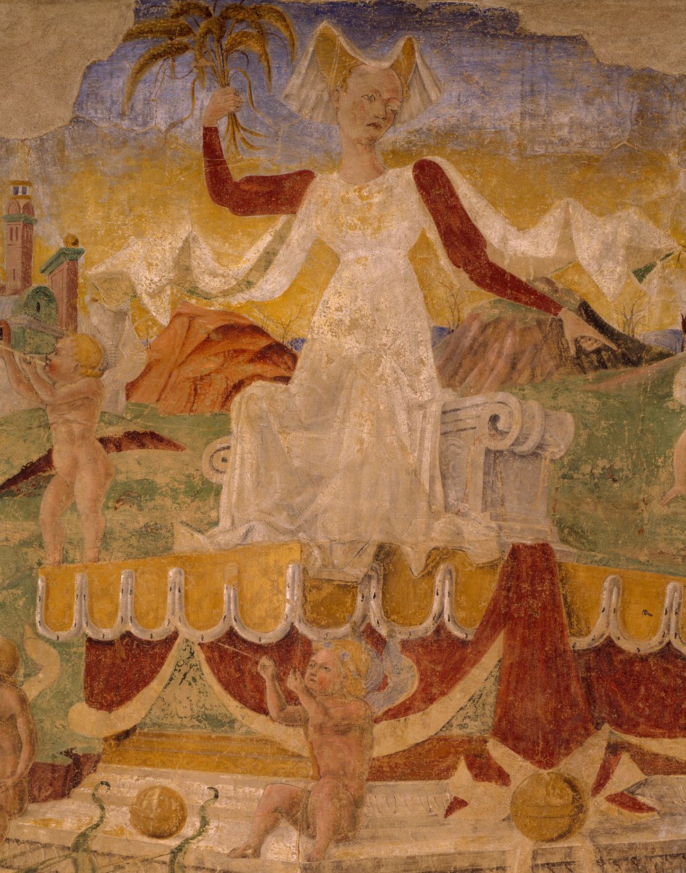 Triumph of Ceres, scene fra august måned, tilskrevet Cosimo Tura (ca. 1430-1495) og Master of Ercole, fresco, nordvegg, Hall of Months, Palazzo Schifanoia (Gledens palass), Ferrara, Detail, Italia, ca. 1470 av Cosimo (attr. to) Tura