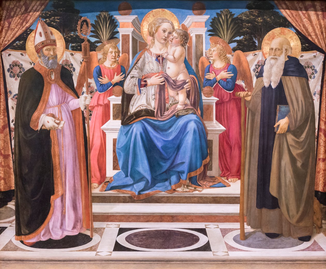 Madonna og Child tronet med engler, St Nicholas og St Anthony the Abbed av Cosimo Rosselli