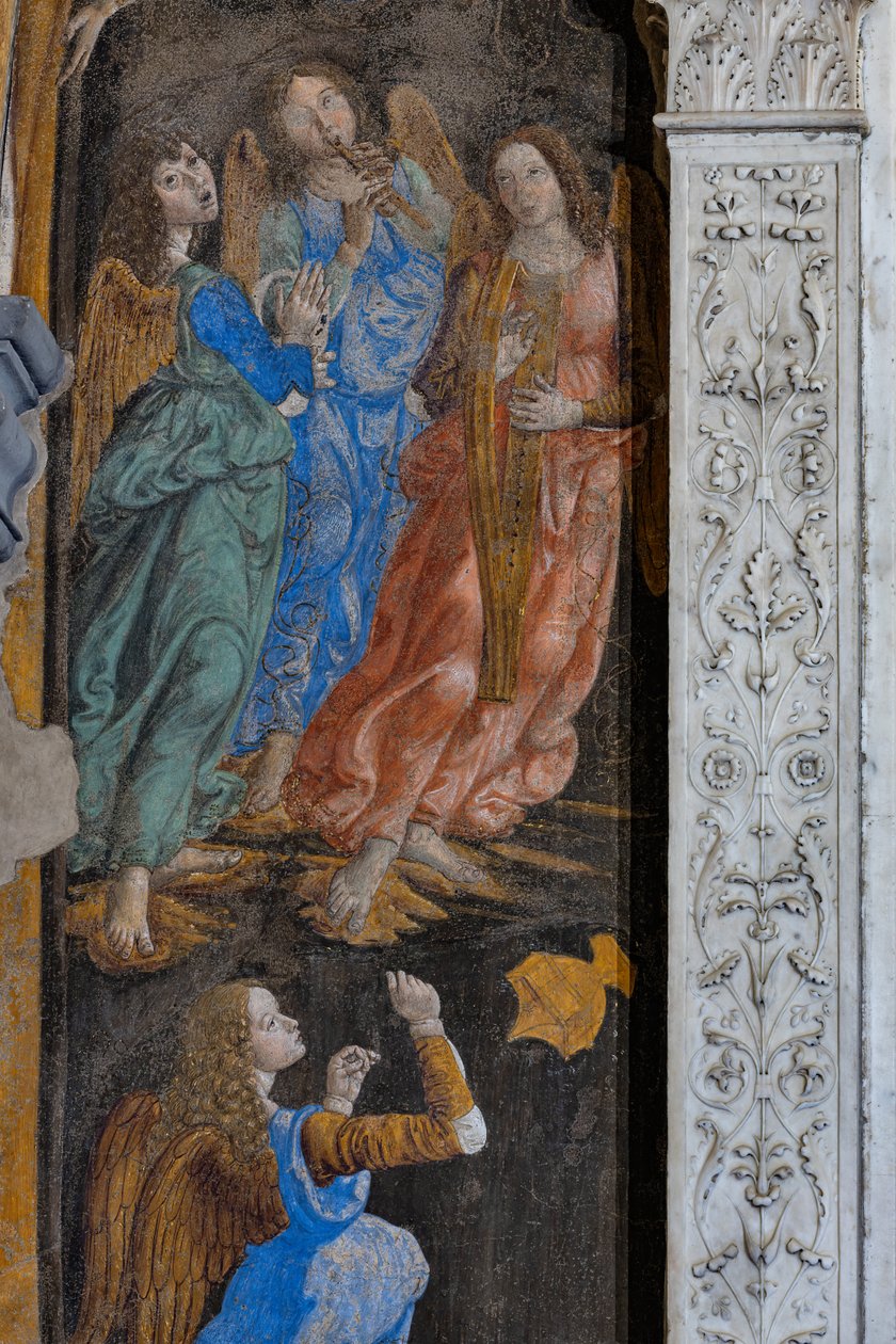 Miracle of the Sacrament': detalj med noen engler som spiller musikk (fresco) av Cosimo Rosselli