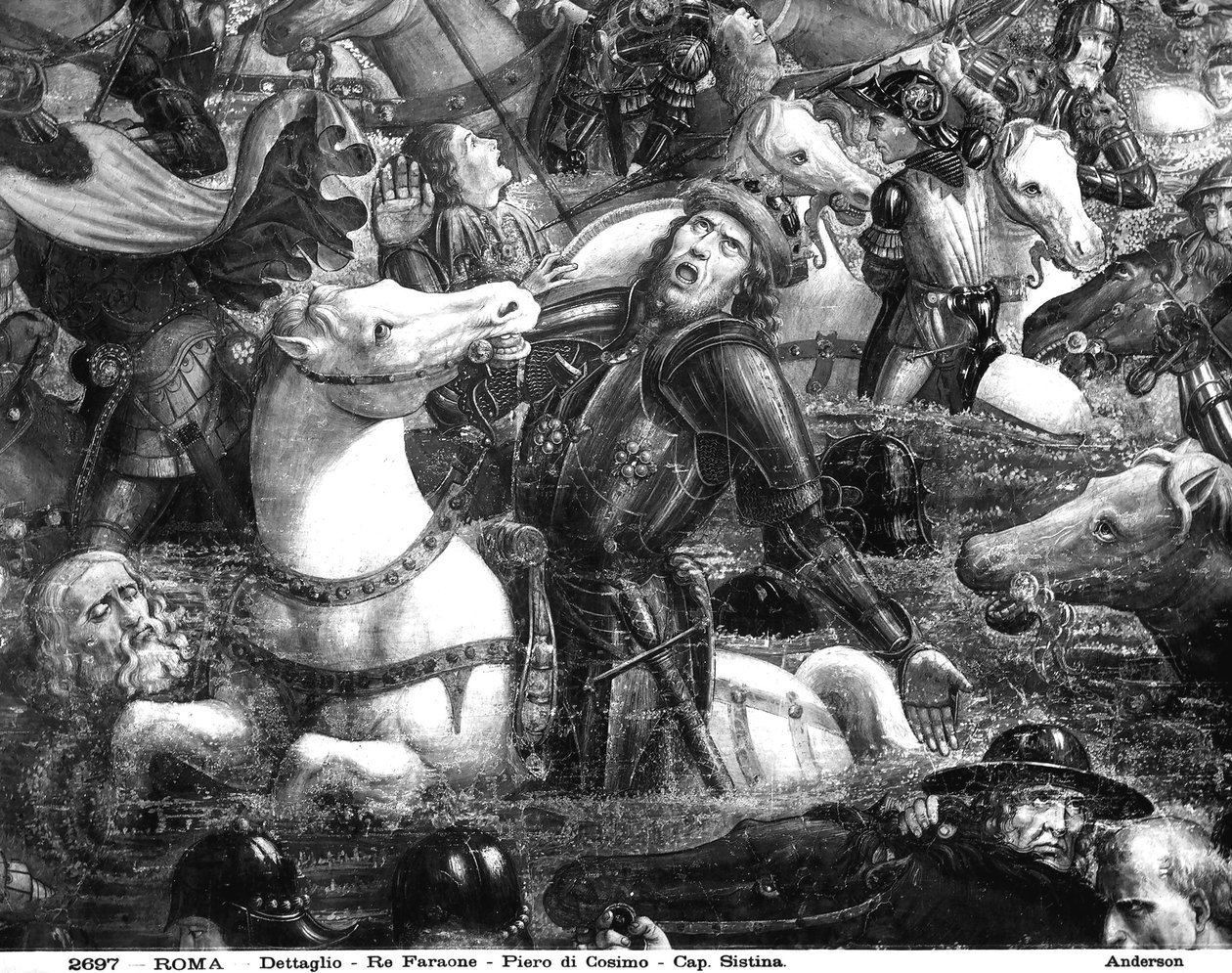 The Crossing of the Red Sea, detalj av Farao på hesteryggen, fra Det sixtinske kapell (fresco) (detalj av 242595) av Cosimo Rosselli