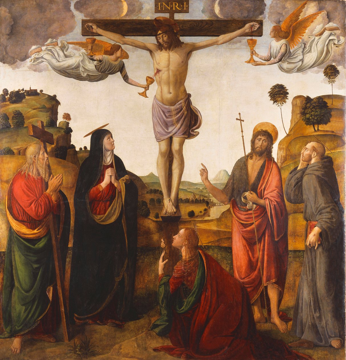 Korsfestelsen med Madonna, de hellige døperen Johannes, Maria Magdalena, Andreas og Frans, 1503 av Cosimo Rosselli