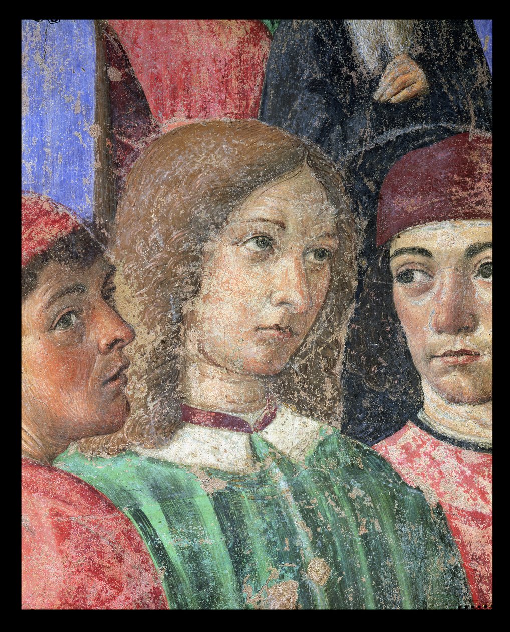 Prosesjonen av biskopen foran kirken S. Ambrogio, detalj av Poliziano 1454-94 Pico della Mirandola 1463-94 og Marsilio Ficino 1433-99 1468 fresco av Cosimo Rosselli
